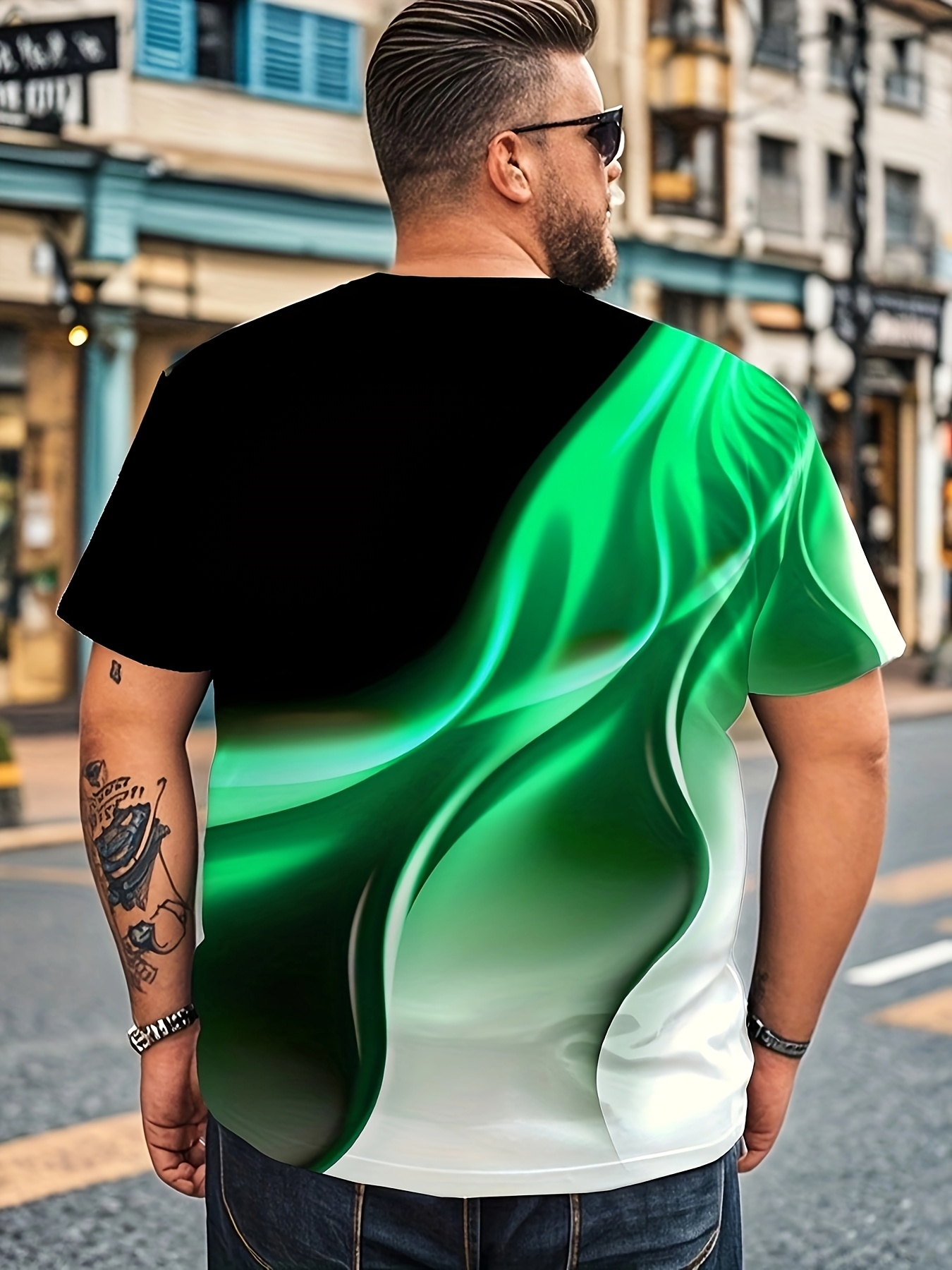 Stylish Men's Gradient 3D Print Sporty Round Neck Short Sleeve T-Shirt - Black to Yellow, Polyester & Spandex Blend, Machine Washable, Regular Fit, Casual & Athletic Wear, PLUS SIZE