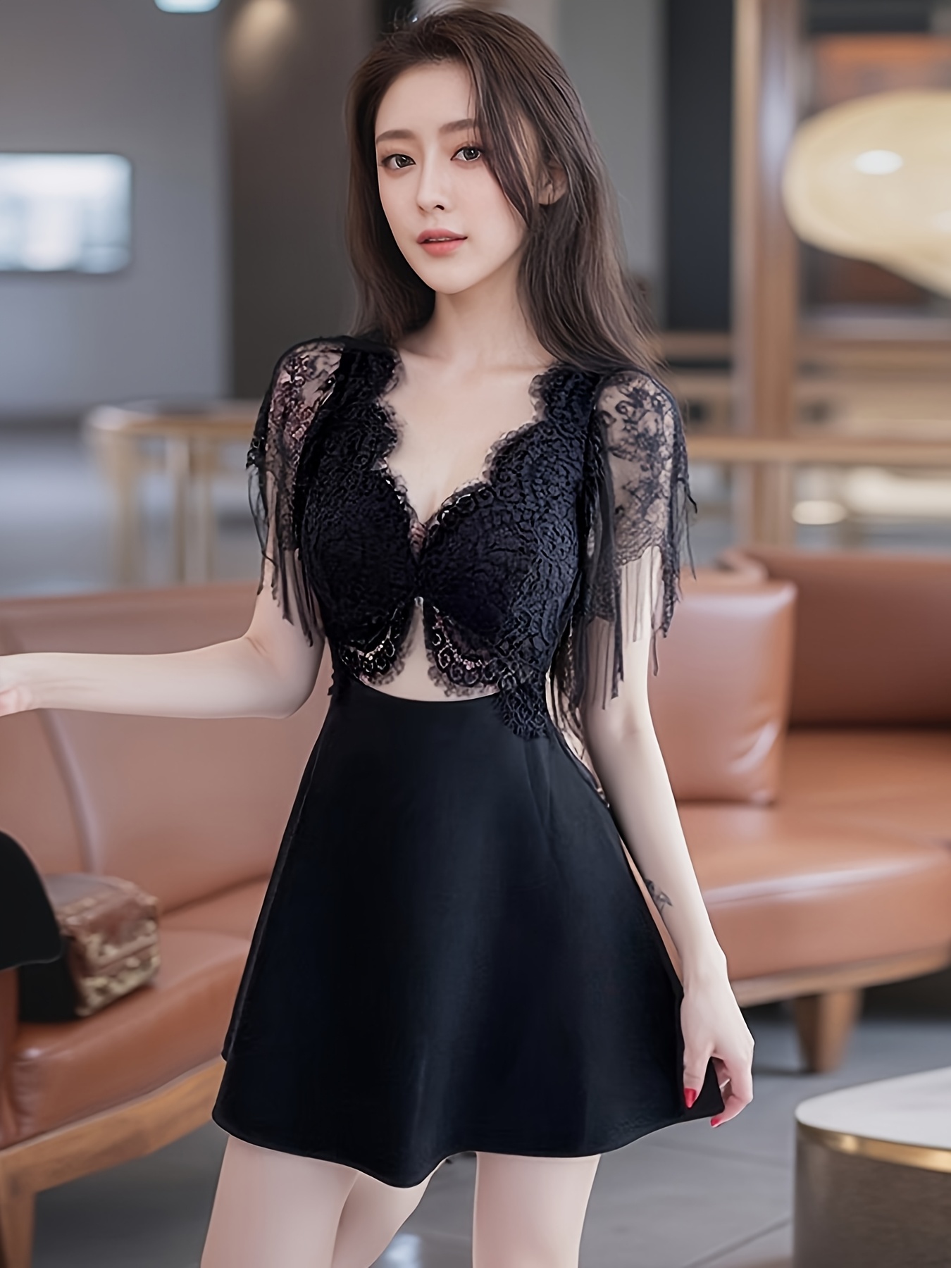 womens black deep v neck lace tummy control a line party - Temu