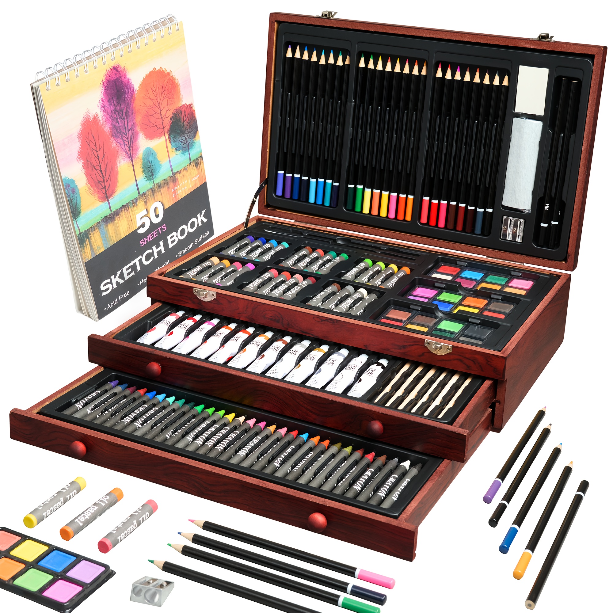 TEMU [2d Flat] Reibii 174/68 Pack Deluxe Wooden Art Drawing Painting Kit With 2 Drawing Pads, Acrylic Paints, Crayons, Colored Pencils, Paint Set In