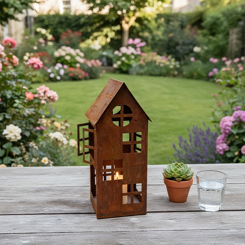 House Shaped Candlestick Holder, Windproof, Retro Style, Iron Castle Candlestick Holder, Suitable For Holiday Decoration In Indoor And Outdoor Scenes Of Courtyards And Gardens