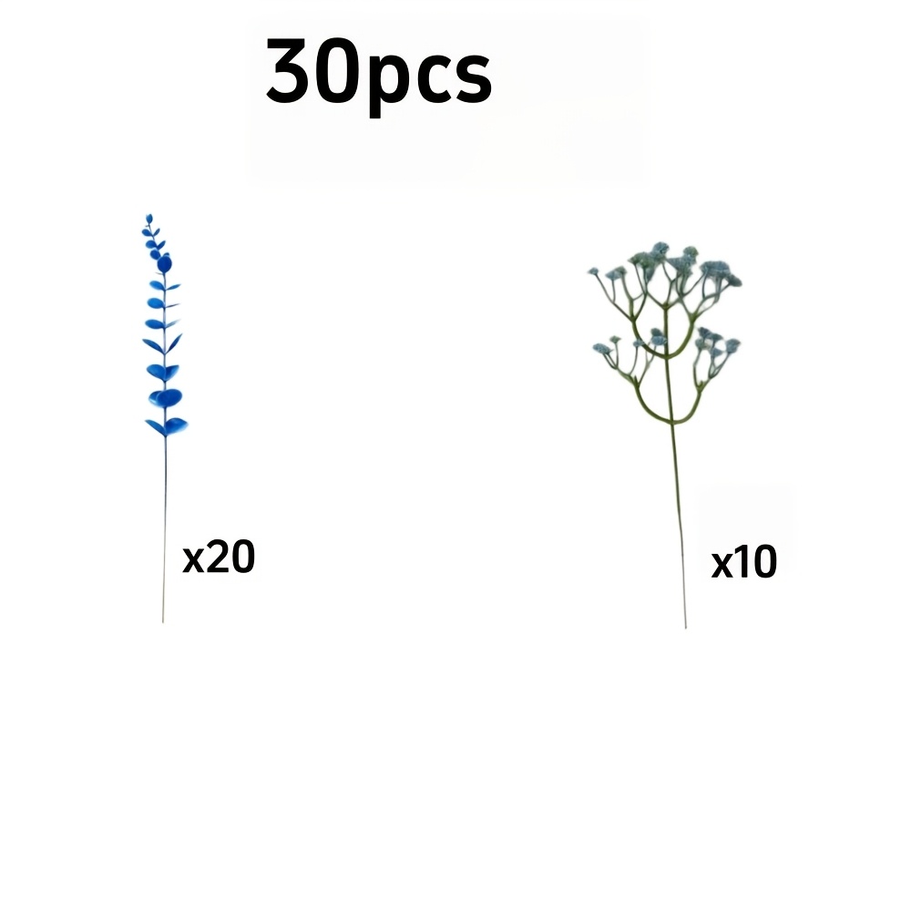 TEMU 30pcs New Dark Blue Eucalyptus And Blue 's Breath Mixed Bouquet, Lifelike, Evergreen . Very Suitable For Table Decoration, Wedding Decor, And