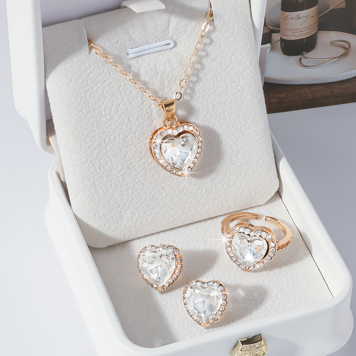4pcs Elegant Heart Pendant Necklace, Earrings & Ring Set