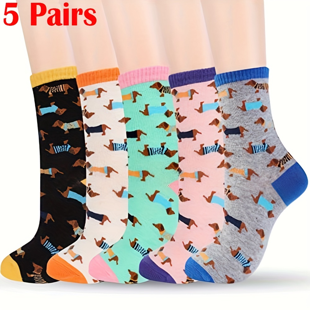 

5 Pairs Dachshund Pattern Mid Tube Gift Socks, Novelty Funny Trendy Crew Socks, Women's Stockings & Hosiery