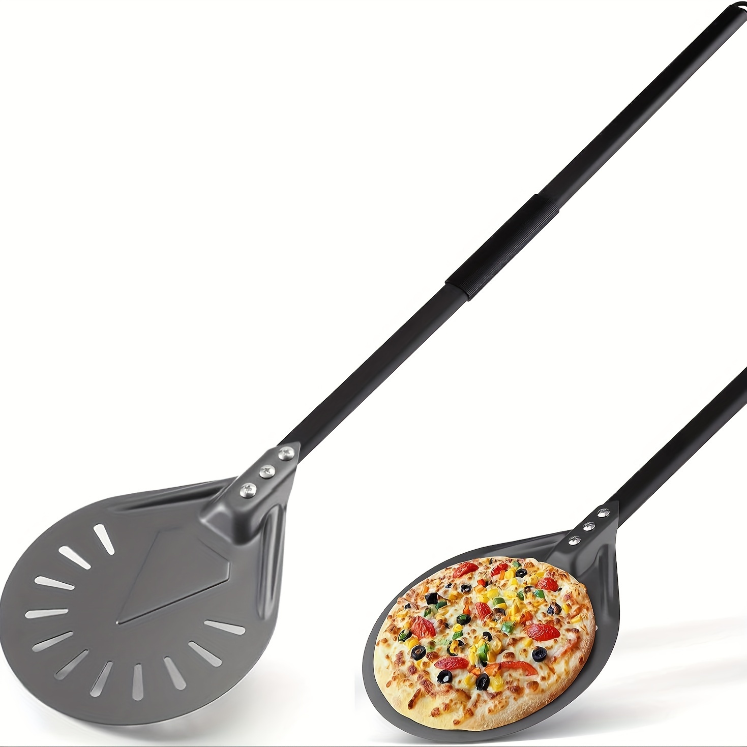 

1pc, Turning Pizza Peel, 8 Inch Round Aluminum Metal Non-slip Perforated Pizza Paddle With 31.5 Inch Detachable Metal Handle For Homemade Pizza Bread Bakers, Baking Tools