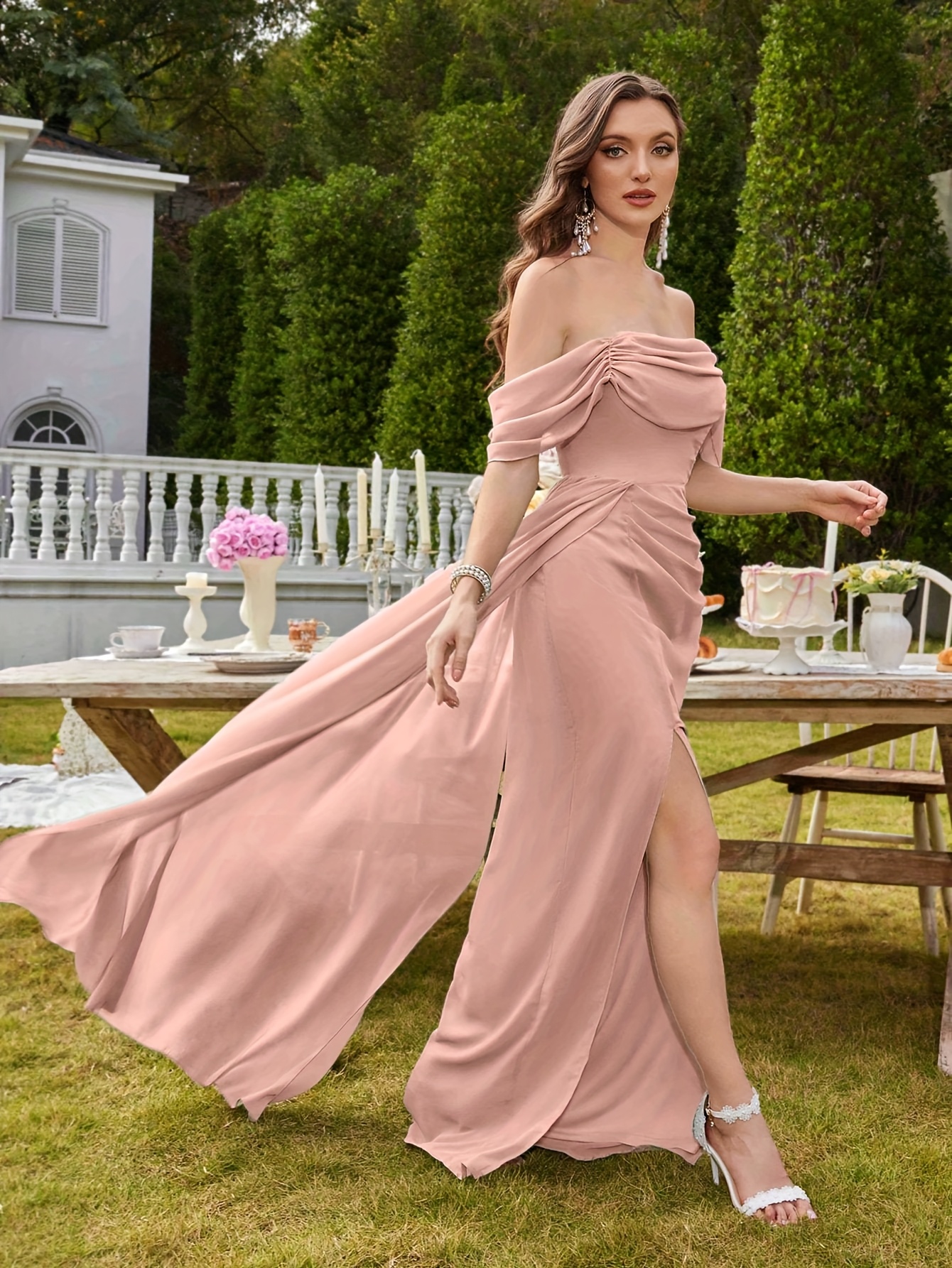elegant shoulder pink gown high slit long formal evening - Temu