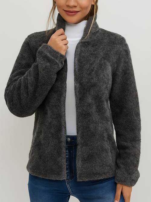 womens gray fleece fleece sweater velvet lined stand collar thickened machine washable casual elegant pullover for autumn winter