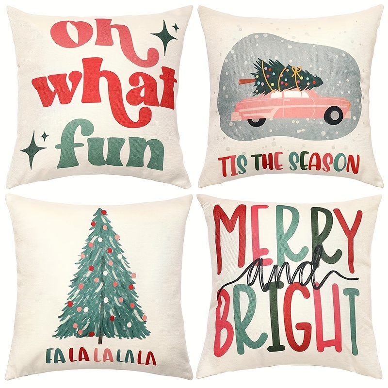 

Vintage Style Christmas Throw Pillow Covers - Set Of 4, Festive Truck & , Zippered Polyester Cases 18x18, Machine Washable, For Home & Sofa Decor - No Inserts