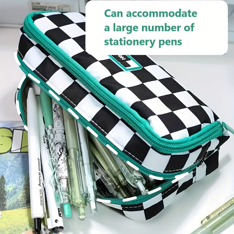 

Large Capacity Checkered Pattern Student Pencil Case With Soft Handle - School/office/travel Use