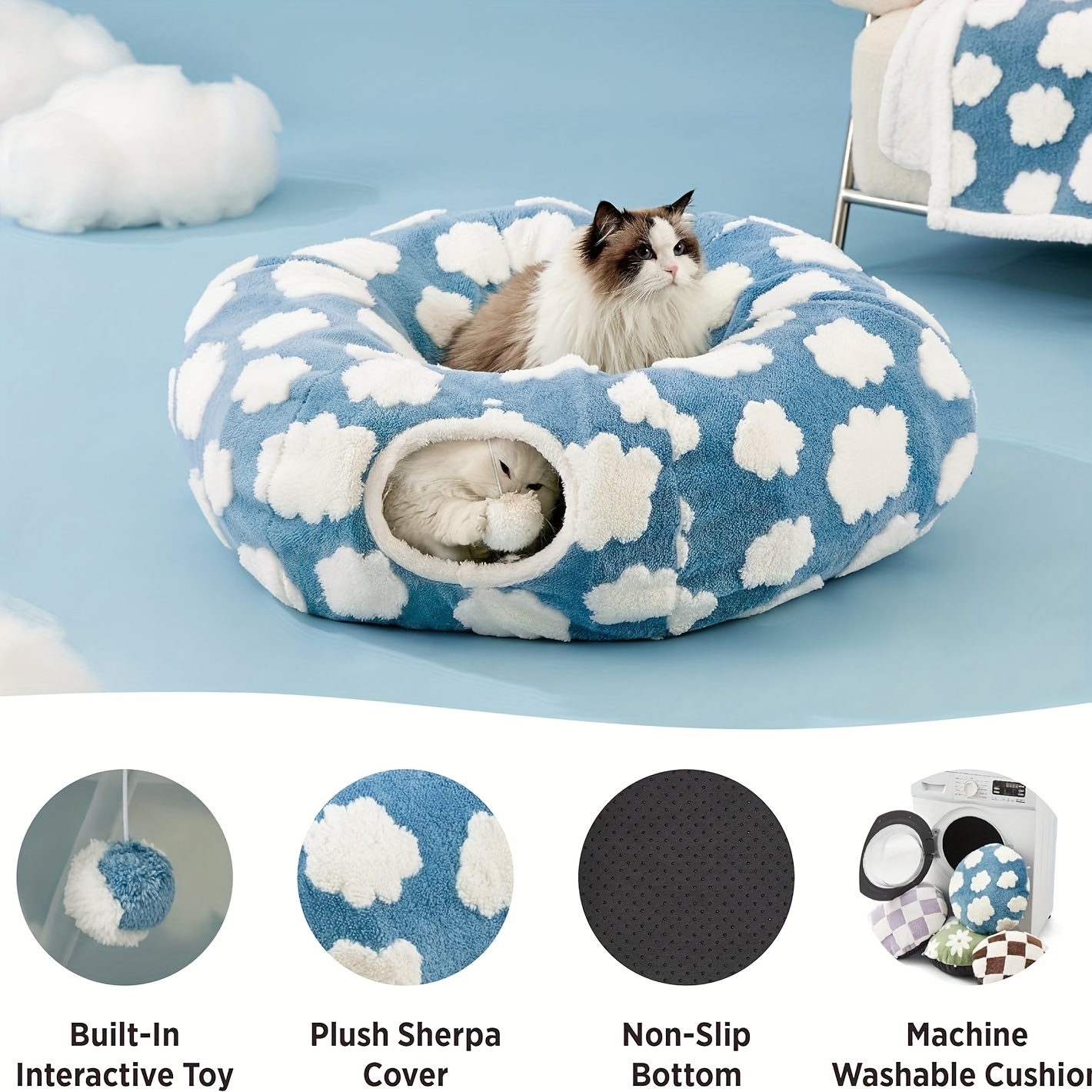 Plush Cat Tunnel in Light Blue Cloud & Green Small Flower Donut Design