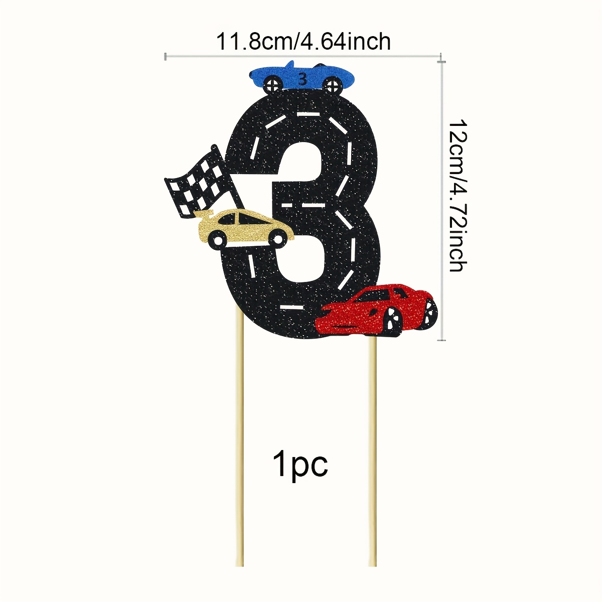1pack Race Car 3rd Birthday Cake Topper Glitter Fast 3 Cake Topper Checkered Flag Racing Track Birthday Checkered Flag Themed Party Supplies