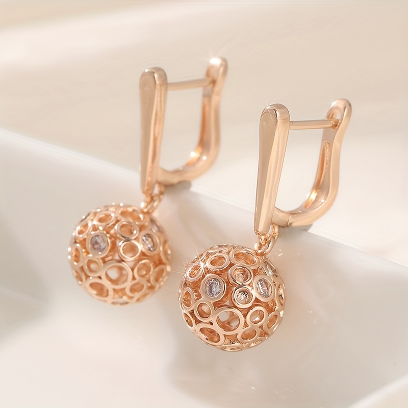 Image of Stunning Golden Spherical Earrings Feature A And Are With White Synthetic Zirconia, Making Them A And Sophisticated For Women's Jewelry, Ideal For Festive Occasions