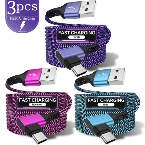 3pcs type c charger fast charging right angle usb a to usb c cable braided usb c charger cable for iphone 17 16 15 series for samsung for huawei oppo oneplus and more smartphone