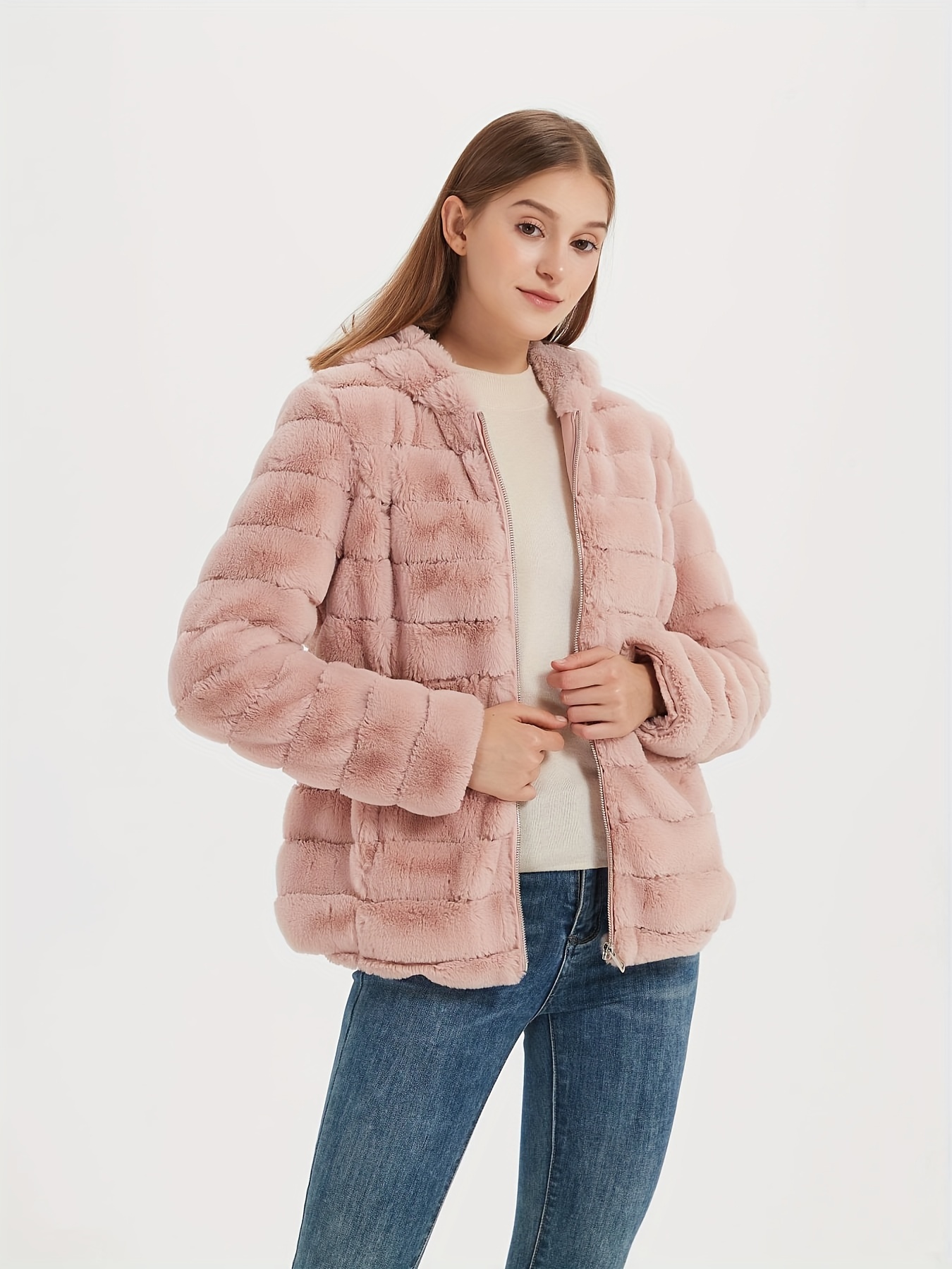 womens fur hooded jacket soft pink winter coat Temu Chile