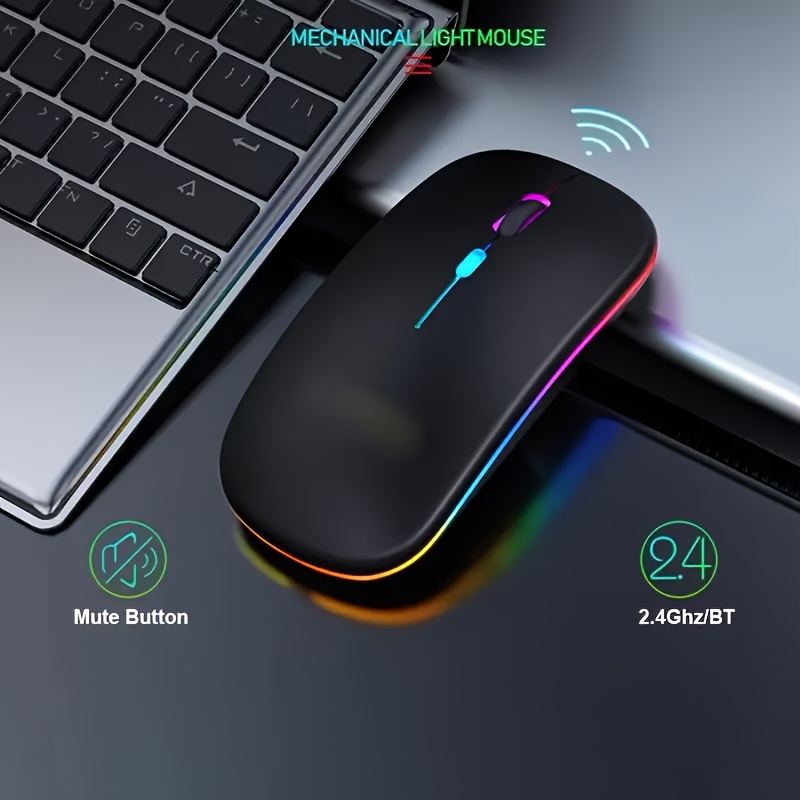 Souris sans fil rechargeable avec lumière LED, mode double BT et souris USB 2.4G pour le jeu, le portable, le tablette, le MacBook - Design noir élégant, forme ergonomique, plastique durable, chargement USB, chargeur non inclus, souris pour portable, accessoire pour tablette, accessoire moderne, surface lisse, souris sans fil pour portable, souris sans fil rechargeable, souris sans fil, souris ergonomique, souris de jeu, accessoire pour portable, souris ergonomique