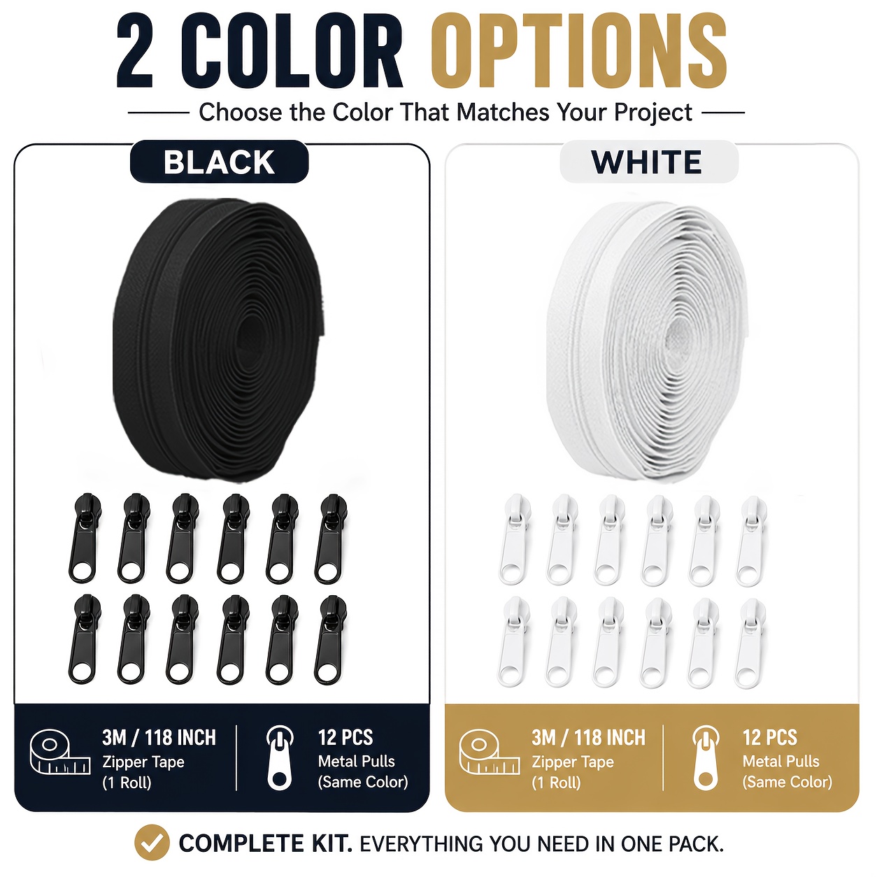 TEMU Rouleau de fermeture éclair nylon n° 3 de 3 mètres avec 12 tirettes en alliage de de couleur, kit de réparation et de remplacement de fermeture