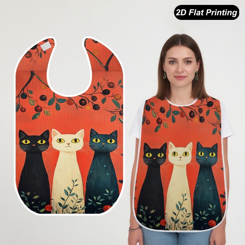 TEMU 1pc 2d Flat 4 Black Cats Printed Bibs Fashionable Adult And Elderly For , Tableware Elements, Fun Pattern, Stylish Bib, Durable Construction,