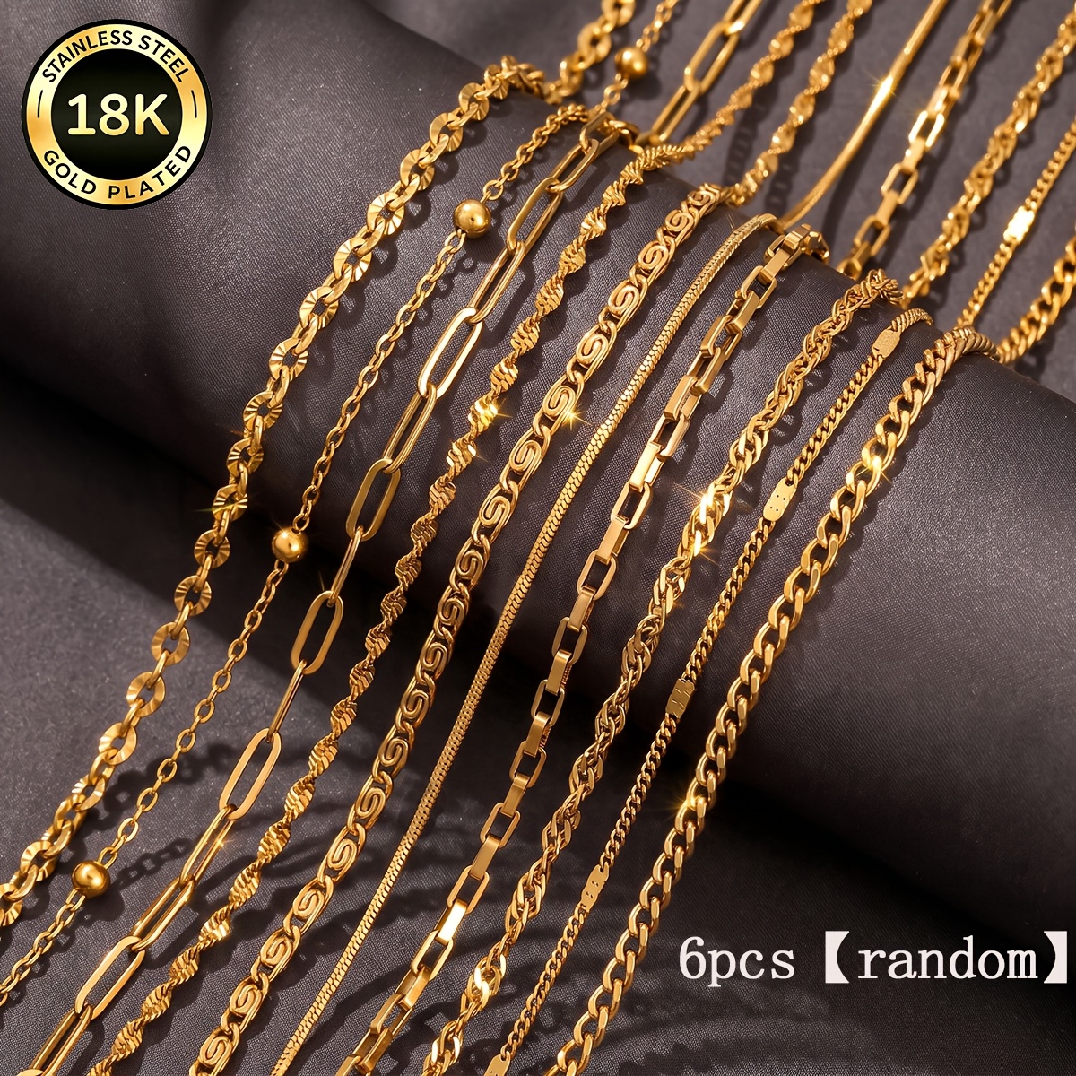 TEMU Ensemble de 6 pièces, styles aléatoires, ensemble de en acier inoxydable de haute qualité plaqué or 18K, bijoux polyvalents adaptés à toutes ,