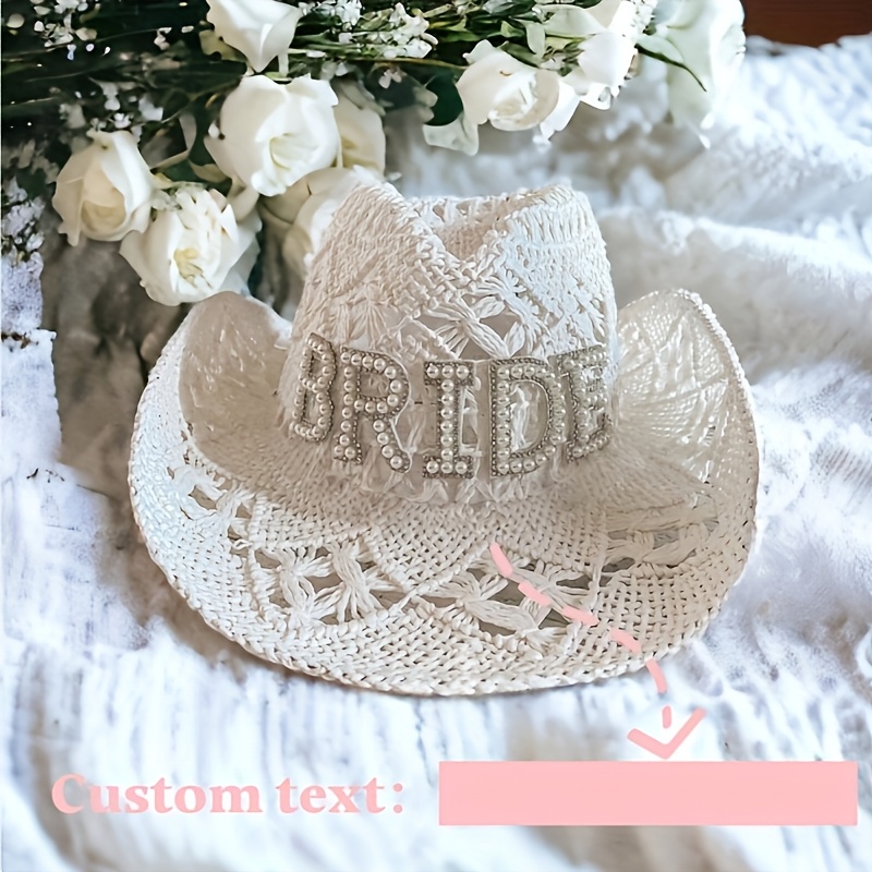 Straw Cowboy Hat with Bride Pearl for Bachelorette Wedding Bride Pearl Cowgirl Hat: Rhinestone Nashville Bachelorette  main image 4