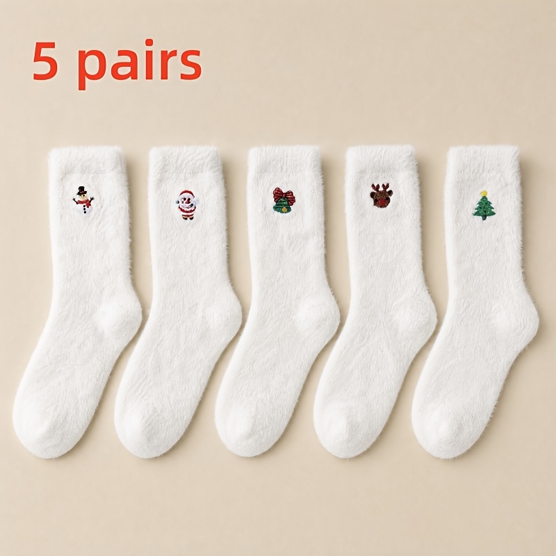 Image of 5 Pairs Women's Autumn Winter Christmas Thermal Socks Embroidered With Santa Claus, Christmas Tree, Bells, Snowmen Reindeer, Warm Socks