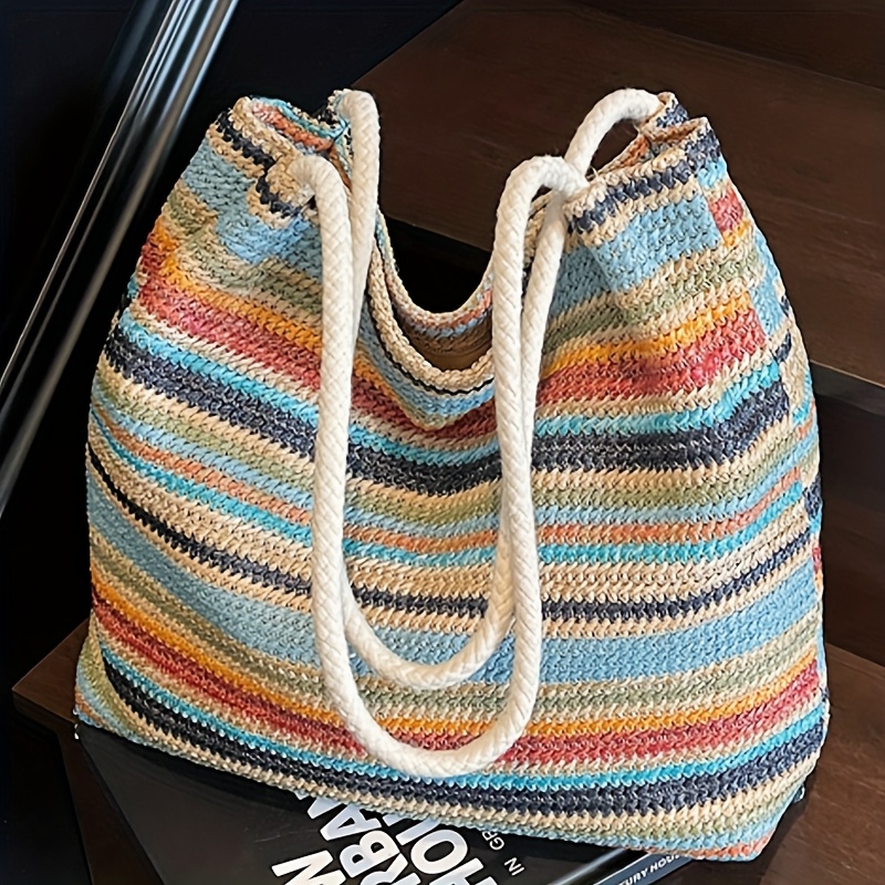 E-shop Neue Damen bunte Streifenmuster Stroh-Schultertasche mit Kontrastfarben-Splicing-Design, große Kapazität Mehrfachfach Farbblock Vielseitige