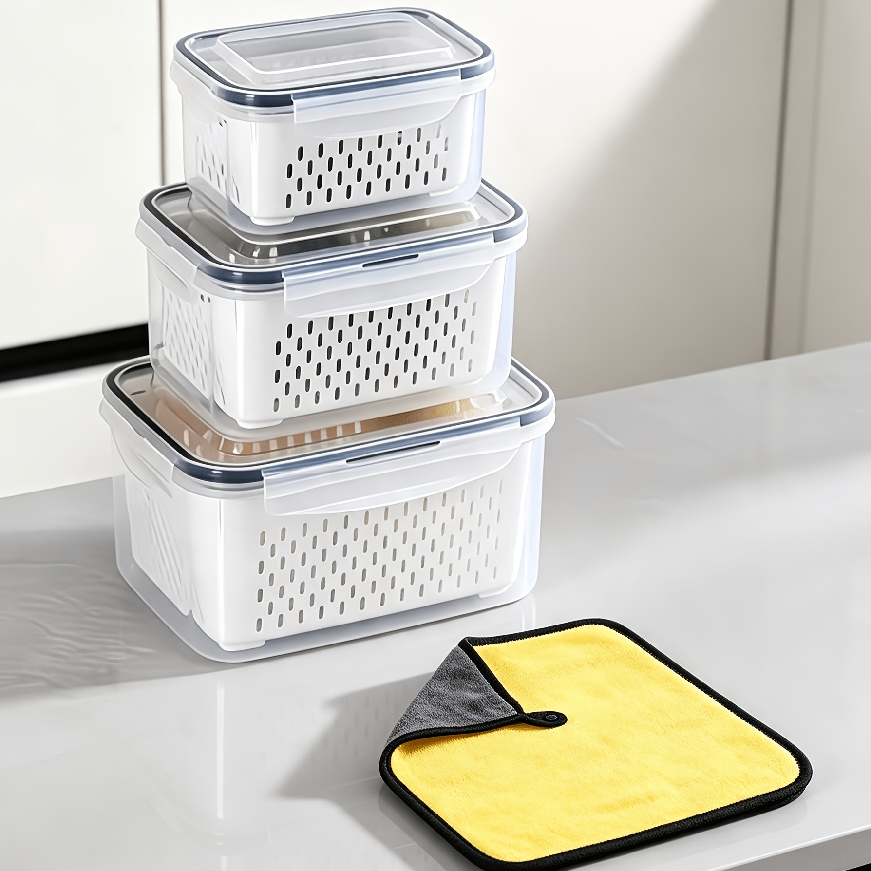 TEMU 9pcs Set (3 Containers And 3 Lids And 3 Colanders) Refrigerator Storage Containers With Colanders, Double-layer Fruit And Vegetable Storage
