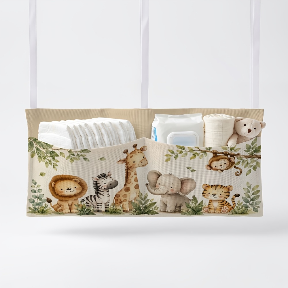TEMU 1pc Jungle Cart Hanging Bag Lion Giraffe Elephant And Monkey Bedside Hanging Organizer Bag With Dual Pockets For Storing Bottles, Phones, And