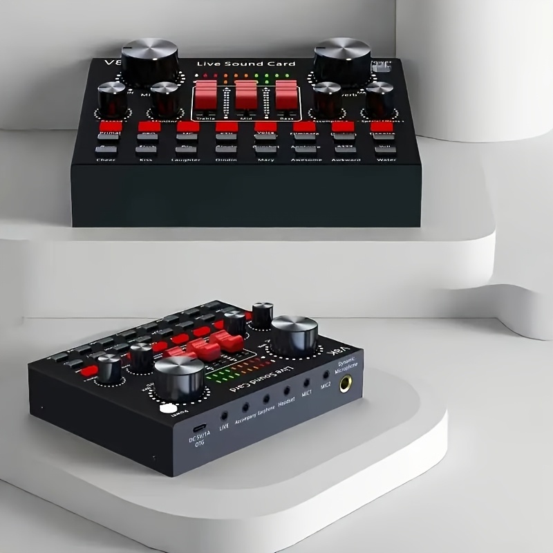 Професионален аудио интерфейс Live Sound Card V8K с напрежение под 36V, с USB кабел за зареждане и вградена 18650 литиева батерия за преносимост - идеален за външно стрийминг, запис, озвучаване и пеене