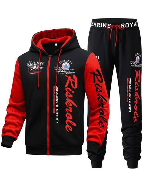 herren kapuzen-tracksuit mit buchstabenprint, 2-teiliges freizeit-sportset, modischer hoodie mit durchgehendem reißverschluss und elastischer bundhose, passform, outdoor-bekleidung