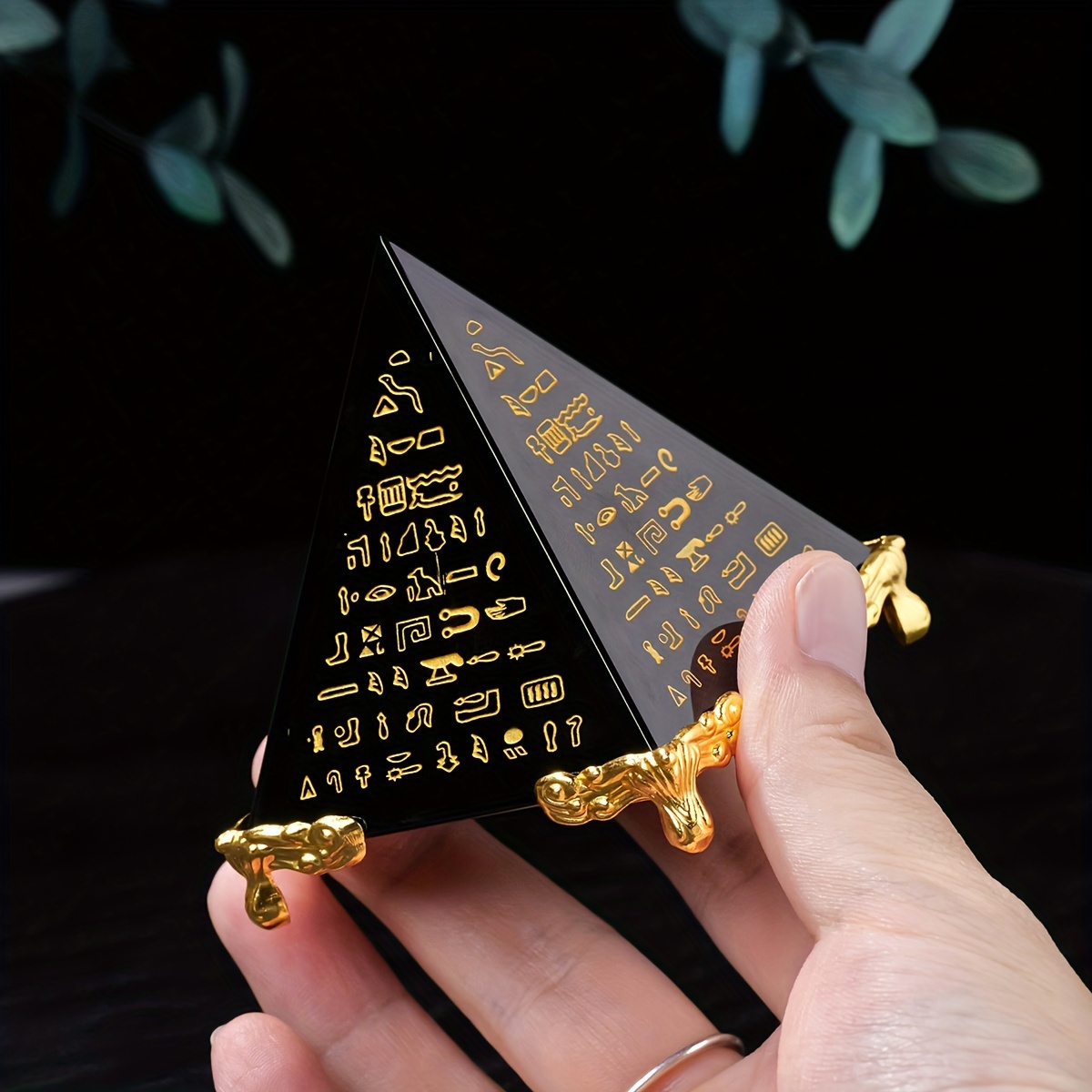 1pc Obsidian Pyramid Carved Scriptures Creative Gifts Natural Stone Pyramids For Home Decor, Desk, Bedroom Decor