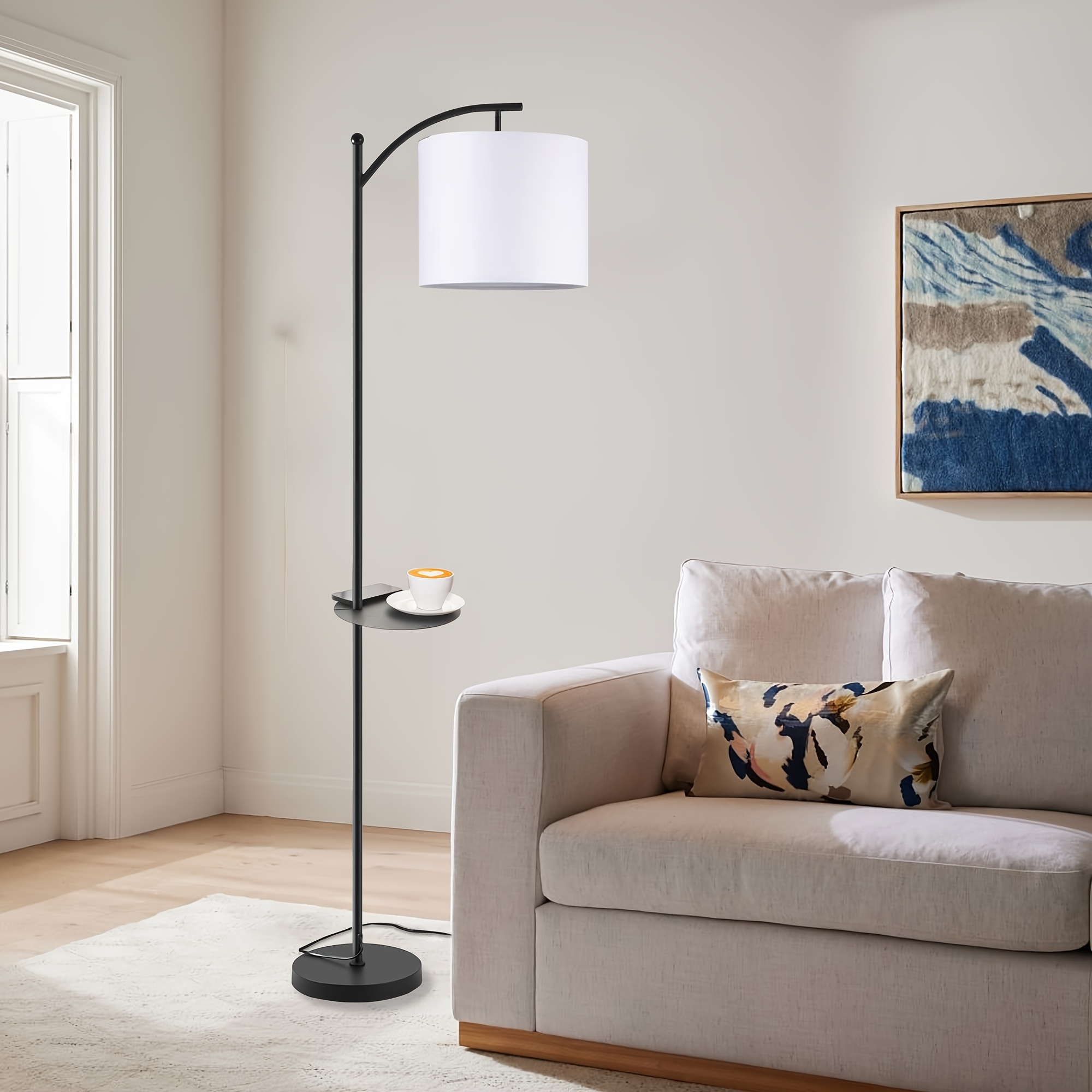 TEMU Floor Lamp, Led Floor Lamp With Tray, 4 Color Tempratures And Dimmable Brightness Standing Reading Lamps With Remote And Foot Control For Living Room, Bed Room, Office (led Bulb Included), Black