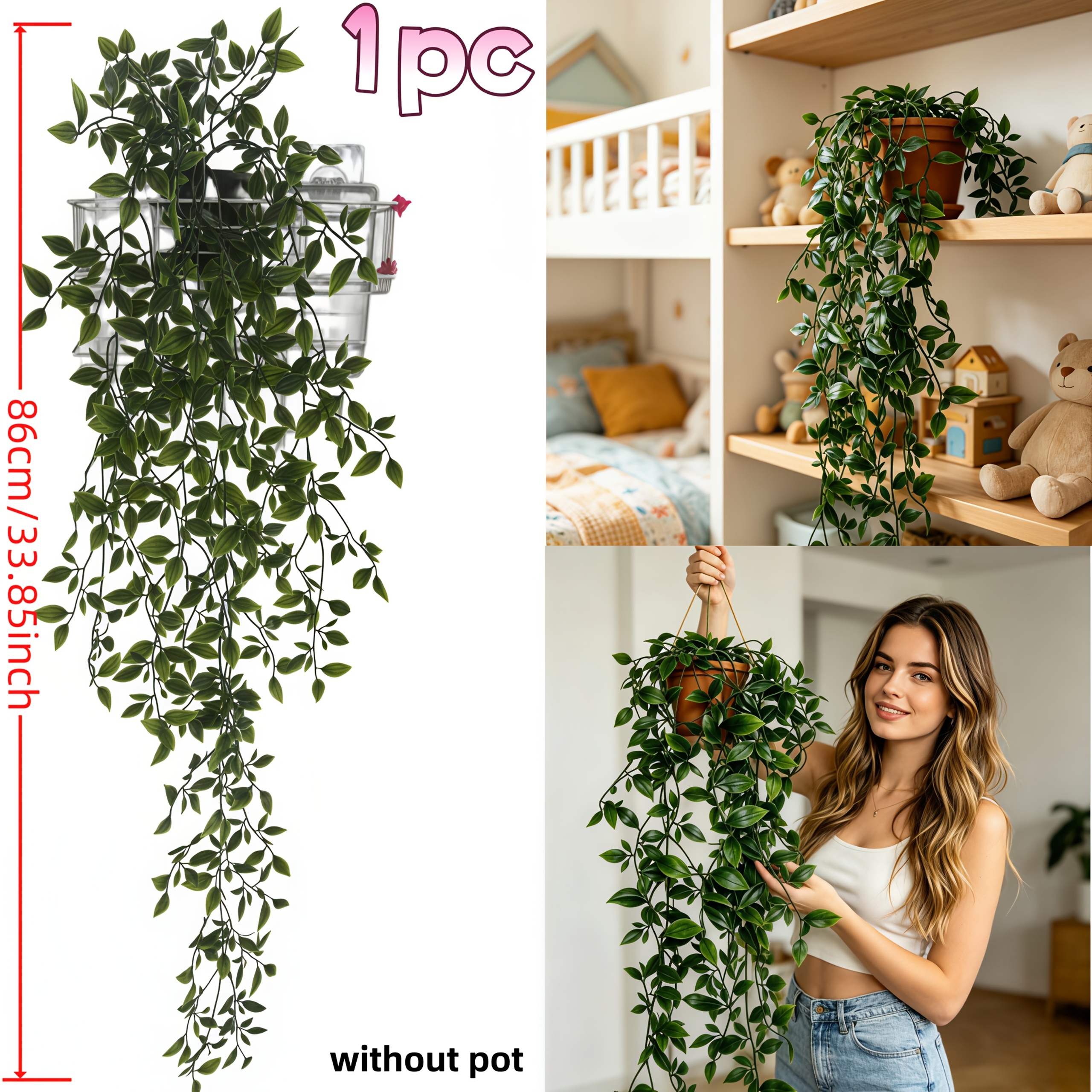 TEMU Large Size Artificial Hanging Green Plant Potted Plant, Realistic Mandrake Leaves, Artificial Flowers - Suitable For Room, Office, Bathroom,