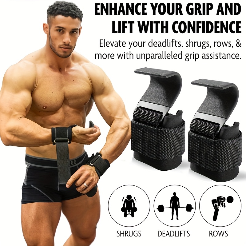 fitness weight lifting hooks for men women pair 8mm thick wrist padding weight grips for powerlifting shrugs   deadlift support gym lifting straps with pull up hooks Product details 0