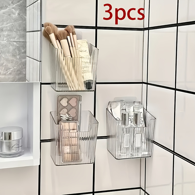 TEMU 3pcs Transparent Striped Wall-mounted Storage Boxes, Cosmetic Organizers, Bathroom Storage Baskets, Vanity Shelves, Wall-mounted Storage Bins,