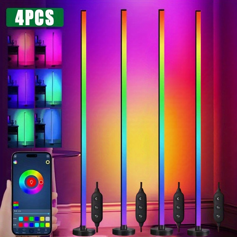 TEMU 4/2/1pc Contemporary Led Corner Floor Lamps, 48" Adjustable With Rgb Color Changing, App Control, Music Sync, Usb Powered - Perfect For Bedroom,