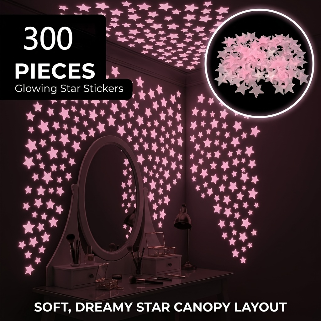 TEMU 300pcs -in-the- Ceiling Stickers, 3d Self-adhesive Luminous Bedroom Dorm Wall Decals, Easy To Peel And Stick Removable Night Light Stickers