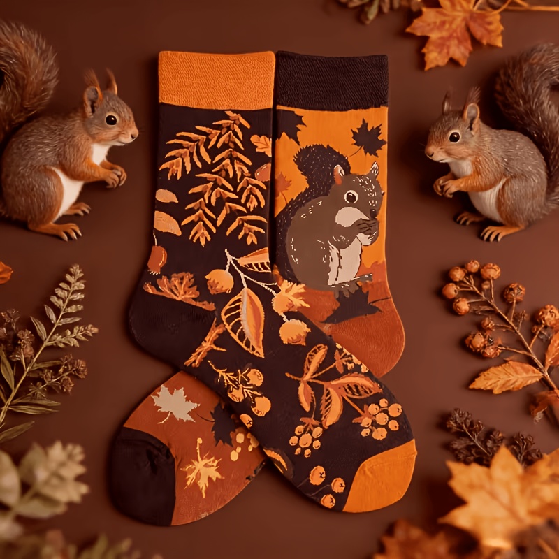 TEMU 1 Pair Men' & Women' Mid-calf Socks Suitable For Fall , Squirrel Nut Autumn Leaf Patterns, Machine Washable Thermal Traction For Casual Outdoor