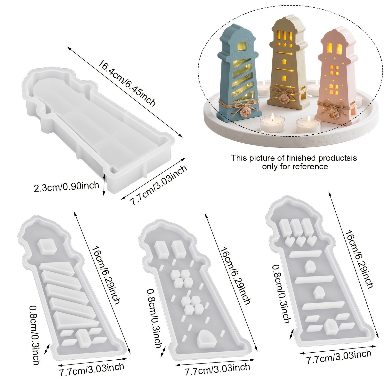 TEMU 4pcs/set Dtoho Lighthouse Silicone Molds Suitable For Resin Crafts, Reusable Multi-panel Base Mold With 3 Panels & Base For Gypsum Crafts, Ocean