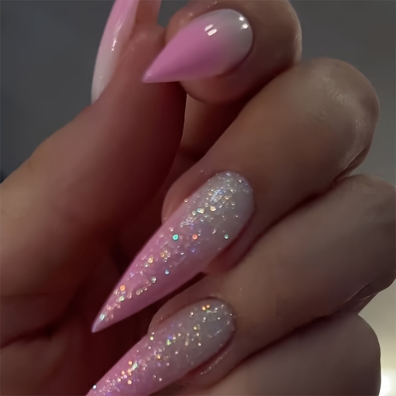 

24pcs Set Of Pink Gradient Glitter Press-on Nails - Long Stiletto Shape, With Sequin Accents For Women And Girls, False Nails, Skin Color, Flash Nails