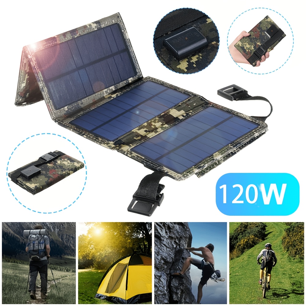 TEMU 120w Portable Folding Solar Charger With Usb Port - Ideal For Outdoor Travel, Hiking, And Camping; Can Charge Mobile Phones, Tablets, Fans, And