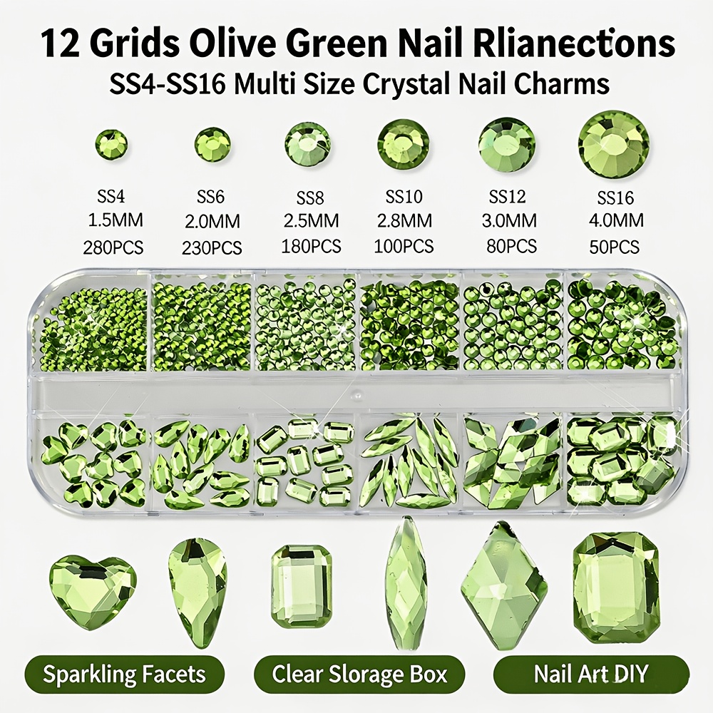 TEMU Lot de 12 Strass à Dos Plat pour Ongles Vert Péridot - Taille SS4-SS16 Adaptés pour Manucure DIY, Nail Art, Décoration de Salon avec Pierres