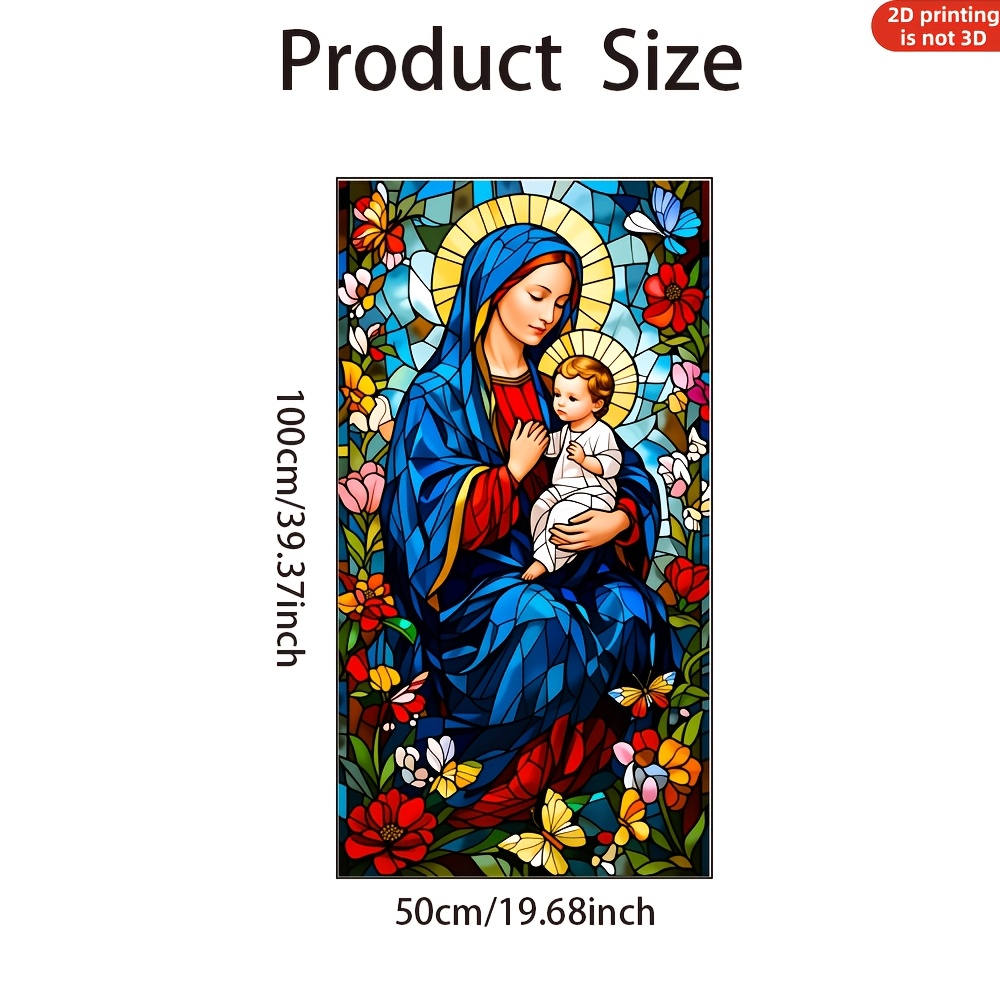 TEMU 1pc, Religious , Double Sided Stained Glass Effect Static Cling Window Sticker, Mary Holding Jesus With Flowers And Butterflies, For Home Decor,