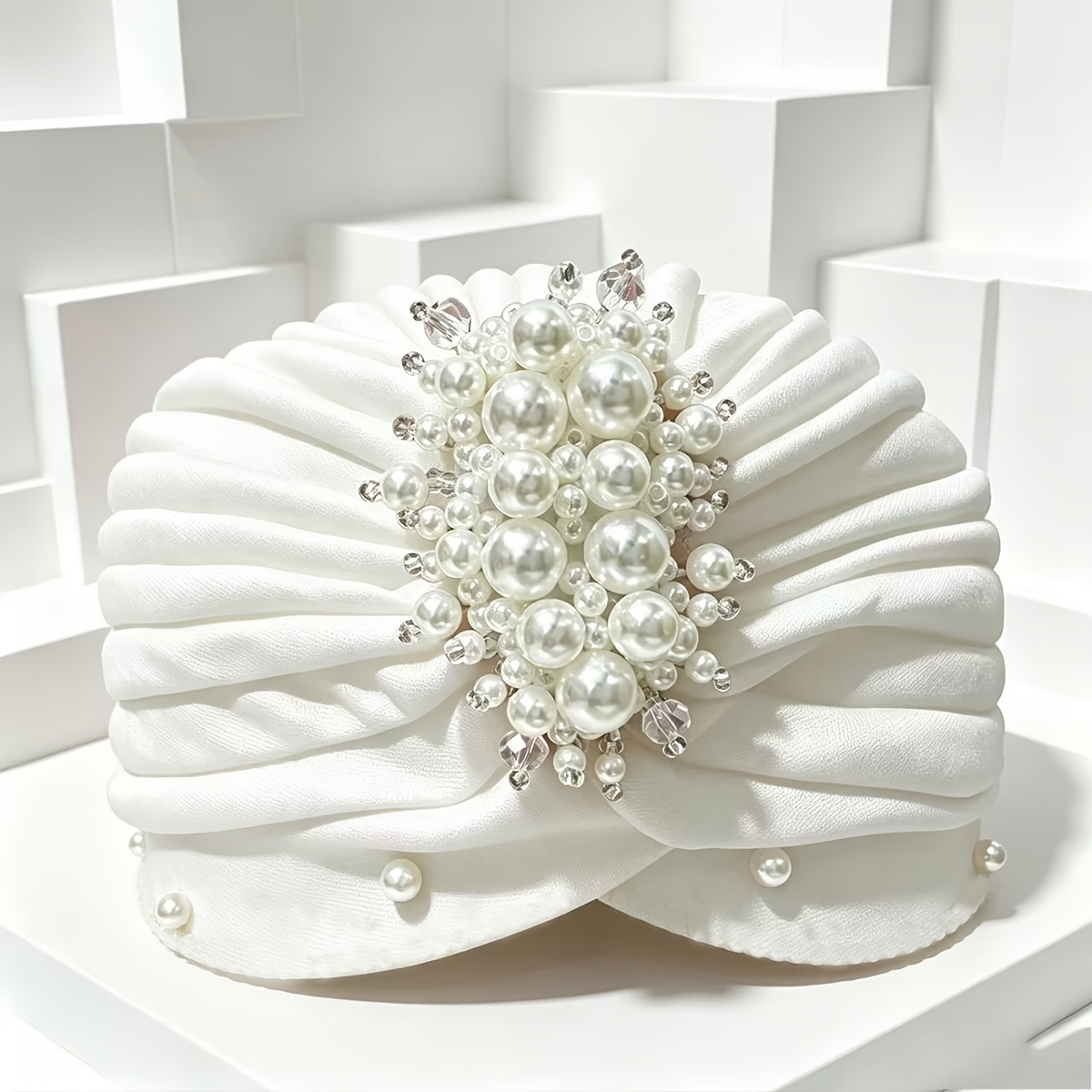 TEMU Elegant Red Pleated Turban Hat, With Pearl And Crystal Additions, Women's Luxury Beaded Turban, Suitable For Weddings, Parties, Ramadan