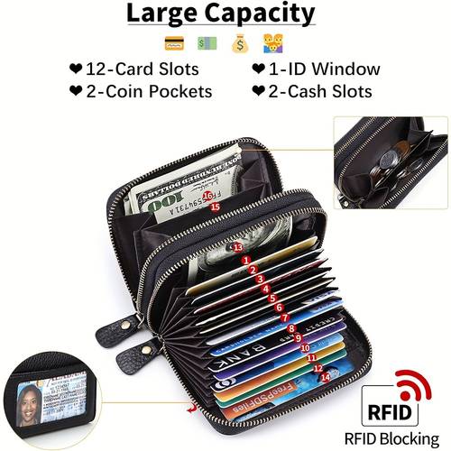 1pc womens rfid blocking wallet cowhide credit card holder with zipper closure multiple card slots coin pocket compact black genuine leather purse for women gift for her sleek womens accessory