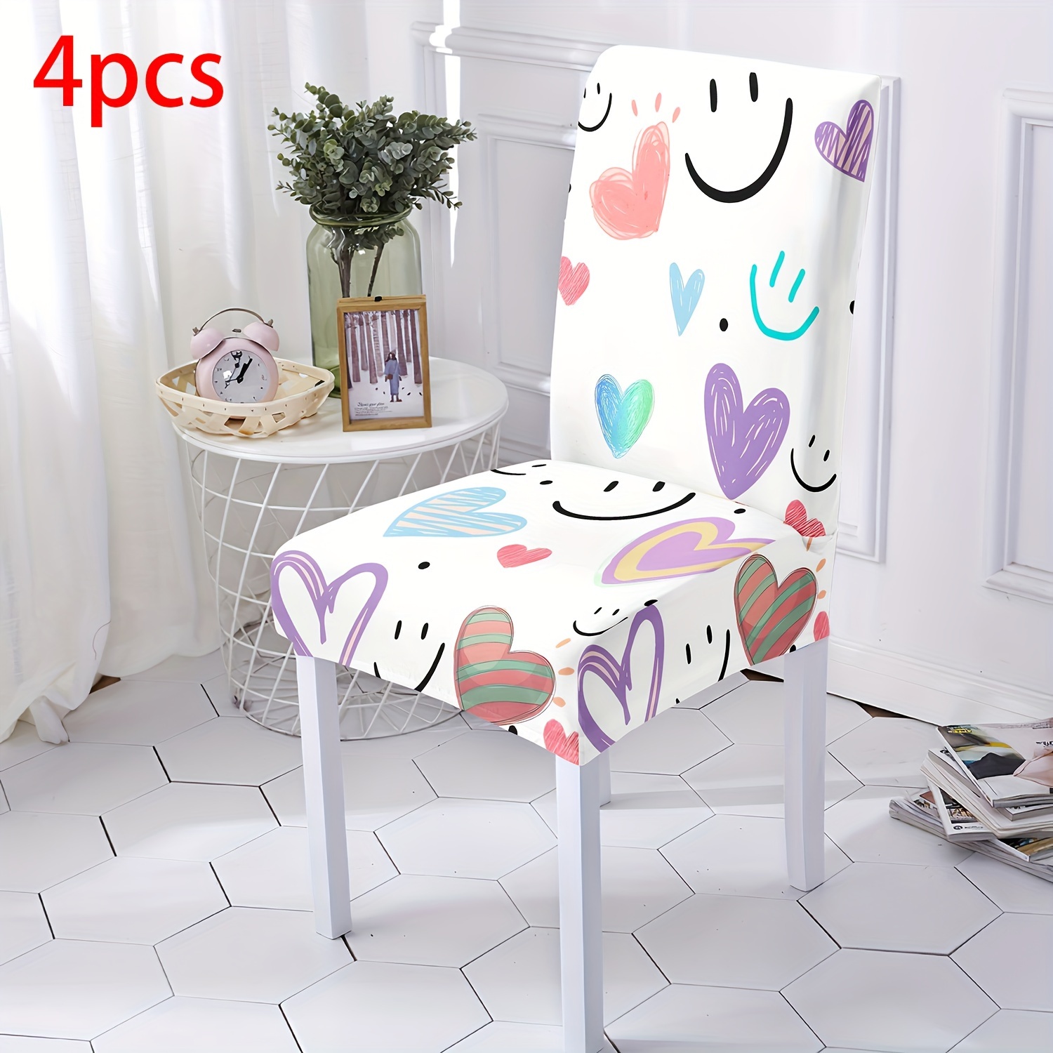 TEMU 4/6pcs Simple Face And Heart Pattern Fiber Fabric Printed Stretchable Removable Washable Dining Chair Covers, Suitable For Restaurants, Hotels,