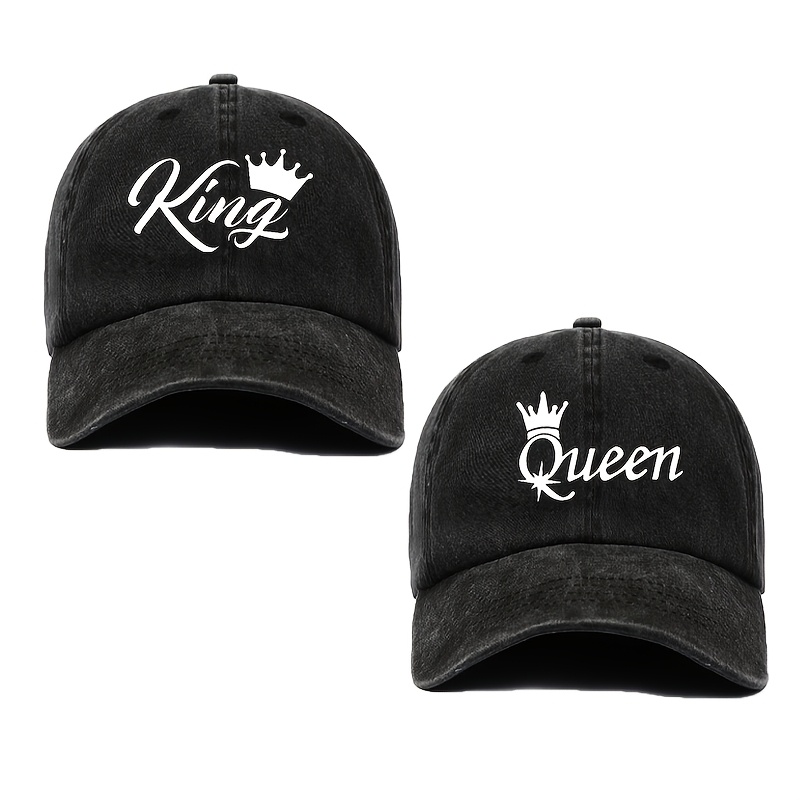 TEMU 2pcs 'king And Queen' Crown Black Pattern Printed Washed Baseball Caps, Casual Adjustable Breathable Couple Hats, Gift For Partner | Ideal