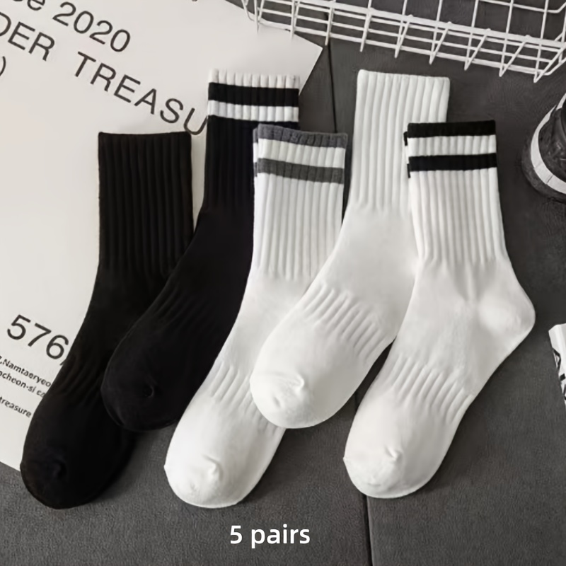 

5 Pairs Of Men's Trendy Solid Striped Crew Socks, Breathable Comfy Casual Unisex Socks For Men's Outdoor Wearing All Seasons Wearing