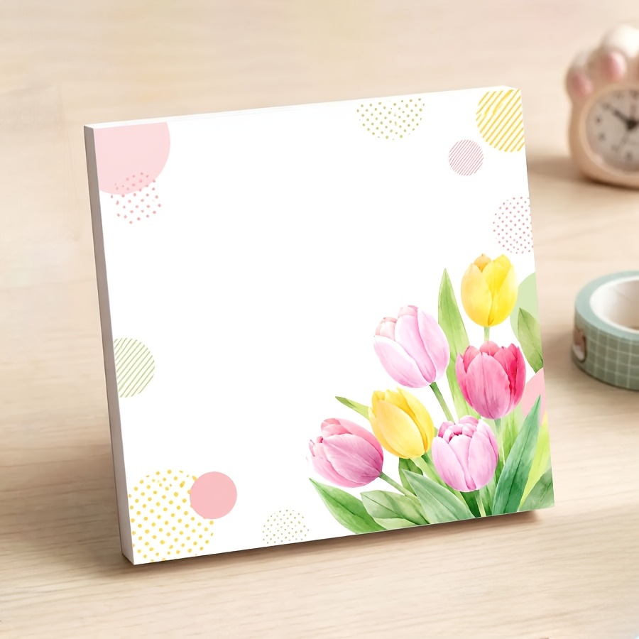 TEMU Cute Watercolor Tulip Non-sticky Notepad, Floral Tear-off Memo Pad, Blank Spring For Office Desk Decor, School Supplies And Aesthetic Gifts