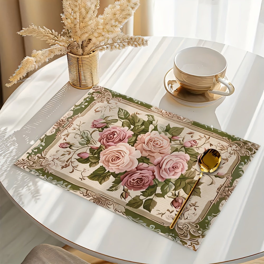 TEMU Sets de table floraux rococo français pour décoration de table à manger - Rectangulaires, lavables, avec imprimé élégant, lavables en machine,