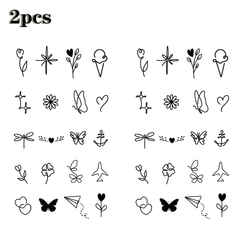 TEMU 2 piezas Minimalista Temporal Impermeable Pequeño para Dedos Sticker Línea Negra Flor Rosa Avión Corporal Brazo Tatuajes Falsos para Mujeres