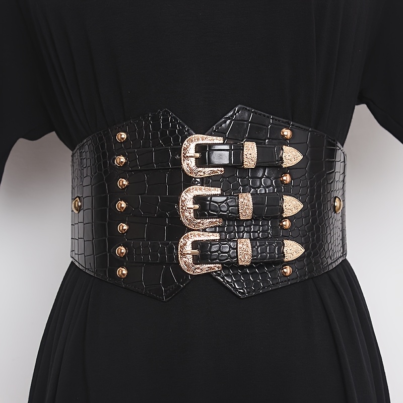 TEMU 1pc Black Golden / Black Golden /crocodile Pattern Golden /crocodile Pattern Gun Black Wide Waist Belt Women's Elastic Waistband Dress Shirt